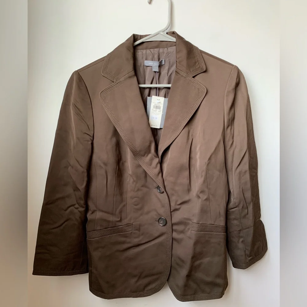 ANN TAYLOR Womens Brown Sateen 3/4 Sleeve Button Front Rayon Cotton Lined Blazer